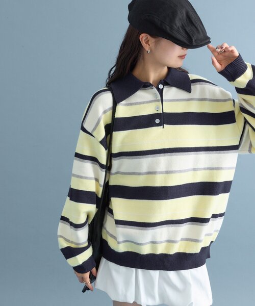 mystic（ミスティック）の「【柔らか素材/2色展開】マルチボーダーラガーニット（ニット/セーター・レディース・ネイビー/ピンク・FREE）」の4枚目の写真