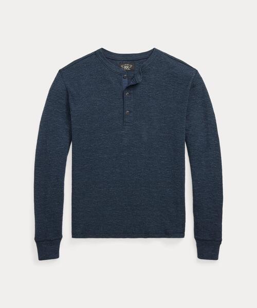 RRLヘンリーネックワッフルシャツ Navy Indigo S ガーメントダイド ワッフルニット ヘンリーネック シャツ（T