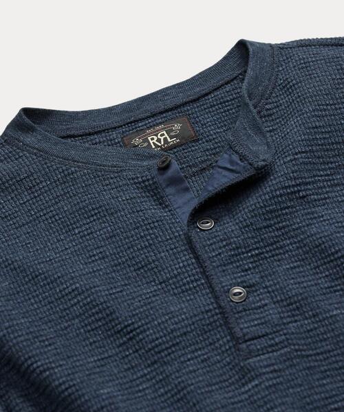 RRLヘンリーネックワッフルシャツ Navy Indigo S ガーメントダイド ワッフルニット ヘンリーネック シャツ（T