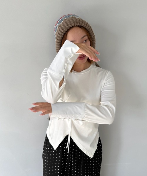 SANSeLF(サンセルフ)の「【SANSeLF】 ドローストリングデザインシャツ アシンメトリーヘム 長袖 ブラウス saw25a026(Tシャツ/カットソー・レディース・ホワイト/ブラック・FREE)」の4枚目の写真