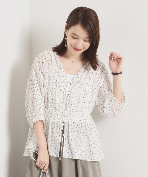 手洗い可】花柄シャーリング前開きブラウス（シャツ/ブラウス