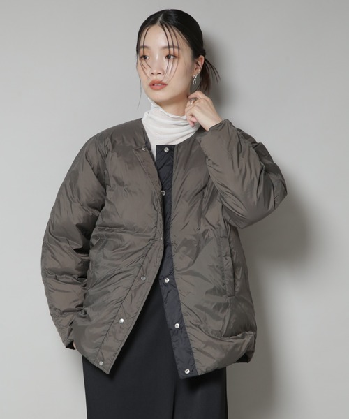 セール】撥水加工ライトダウン リバーシブルノーカラージャケット