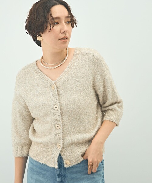 NOLLEY’S Sophi（ノーリーズソフィ）の「キラキラフェザー2WAY5分袖プルオーバーニット（カーディガン/ボレロ・レディース・ゴールド/グレー/キャメル/ピンク・38）」の19枚目の写真
