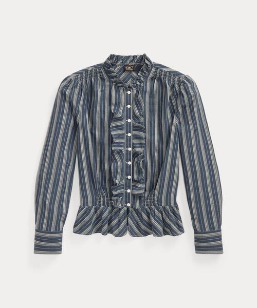 美品　RRL ダブルアールエル　フリルトリムブラウス size 1 正規品 RRL（ダブル アール エル）の「フリルトリム ストライプド コットン