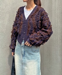 ISOOK | 【ISOOK / アイスー】MIXフリンジショートカーディガン / ニット プルオーバー セーター 羽織り コンパクト丈 ショート丈 短丈 クロップド丈 長袖 ボリューム袖 Vネック クルーネック 前後2way 2通り アイボリー グレー ネイビー 白 ZOZOTOWN限定(ニット/セーター)