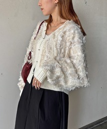 ISOOK | 【ISOOK / アイスー】MIXフリンジショートカーディガン / ニット プルオーバー セーター 羽織り コンパクト丈 ショート丈 短丈 クロップド丈 長袖 ボリューム袖 Vネック クルーネック 前後2way 2通り アイボリー グレー ネイビー 白 ZOZOTOWN限定(ニット/セーター)