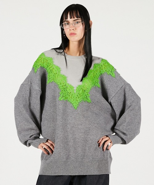 PRANK PROJECT（プランクプロジェクト）の「レースラインオーバーニット / Lace-Line Over-Knit（ニット/セーター・レディース・グレー/チャコールグレー/アイボリー・FREE）」の3枚目の写真