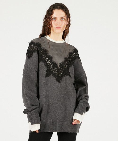 PRANK PROJECT（プランクプロジェクト）の「レースラインオーバーニット / Lace-Line Over-Knit（ニット/セーター・レディース・グレー/チャコールグレー/アイボリー・FREE）」の6枚目の写真
