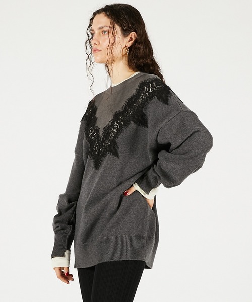 PRANK PROJECT（プランクプロジェクト）の「レースラインオーバーニット / Lace-Line Over-Knit（ニット/セーター・レディース・グレー/チャコールグレー/アイボリー・FREE）」の7枚目の写真