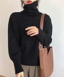 タートルネックリブ切り替えニット