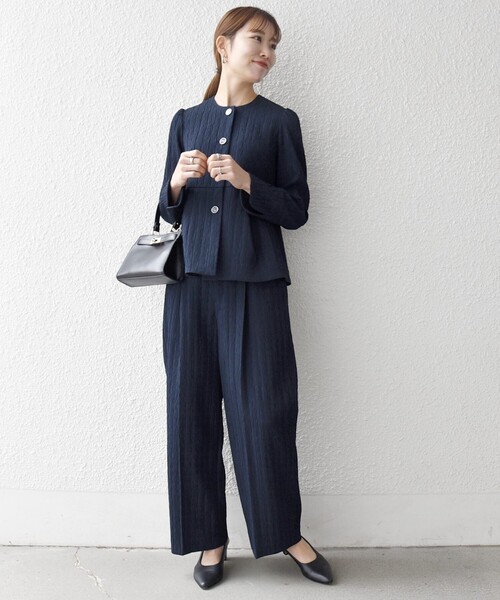 SHIPS any:〈手洗い可能〉ジャカード タック セミワイド パンツ［NAVY