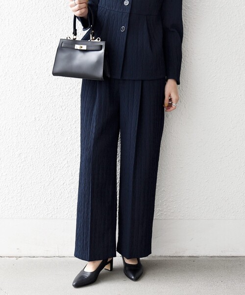 SHIPS any:〈手洗い可能〉ジャカード タック セミワイド パンツ［NAVY