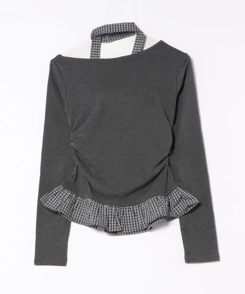 Lace Ladies(レースレディース)の「配色 チェック 裾フリル チョーカーリボン トップス(Tシャツ/カットソー・レディース・アイボリー/ライトグレー/ダークグレー/ネイビー・FREE)」の5枚目の写真