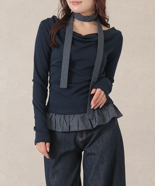 Lace Ladies(レースレディース)の「配色 チェック 裾フリル チョーカーリボン トップス(Tシャツ/カットソー・レディース・アイボリー/ライトグレー/ダークグレー/ネイビー・FREE)」の4枚目の写真