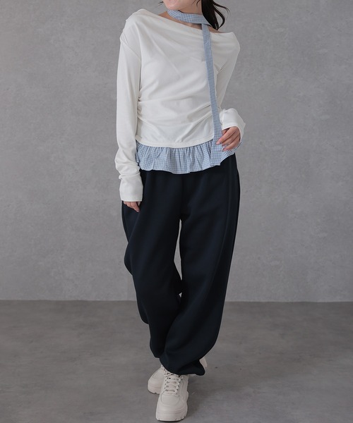 Lace Ladies(レースレディース)の「配色 チェック 裾フリル チョーカーリボン トップス(Tシャツ/カットソー・レディース・アイボリー/ライトグレー/ダークグレー/ネイビー・FREE)」の13枚目の写真