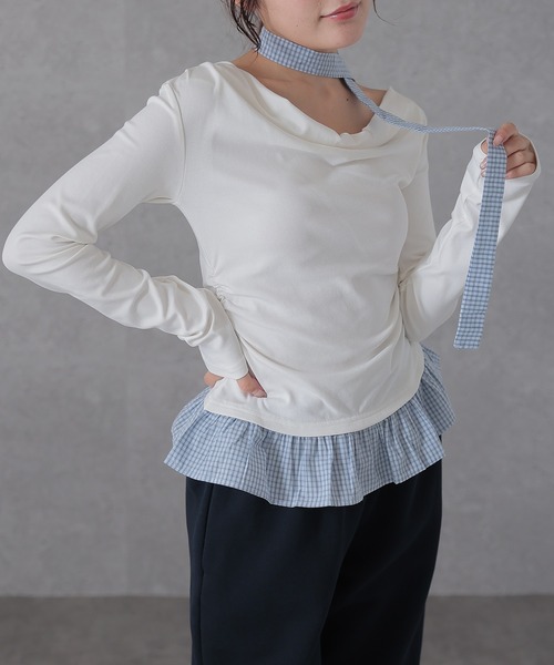 Lace Ladies(レースレディース)の「配色 チェック 裾フリル チョーカーリボン トップス(Tシャツ/カットソー・レディース・アイボリー/ライトグレー/ダークグレー/ネイビー・FREE)」の14枚目の写真