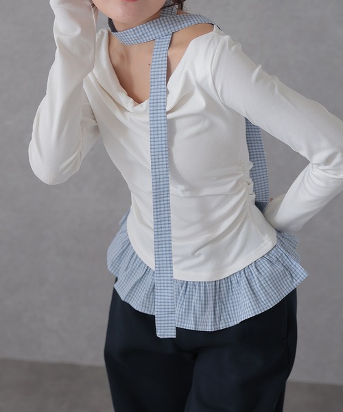Lace Ladies(レースレディース)の「配色 チェック 裾フリル チョーカーリボン トップス(Tシャツ/カットソー・レディース・アイボリー/ライトグレー/ダークグレー/ネイビー・FREE)」の15枚目の写真