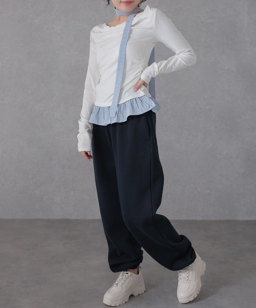 Lace Ladies(レースレディース)の「配色 チェック 裾フリル チョーカーリボン トップス(Tシャツ/カットソー・レディース・アイボリー/ライトグレー/ダークグレー/ネイビー・FREE)」の16枚目の写真