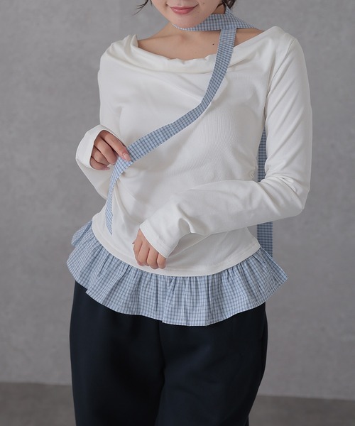 Lace Ladies(レースレディース)の「配色 チェック 裾フリル チョーカーリボン トップス(Tシャツ/カットソー・レディース・アイボリー/ライトグレー/ダークグレー/ネイビー・FREE)」の17枚目の写真