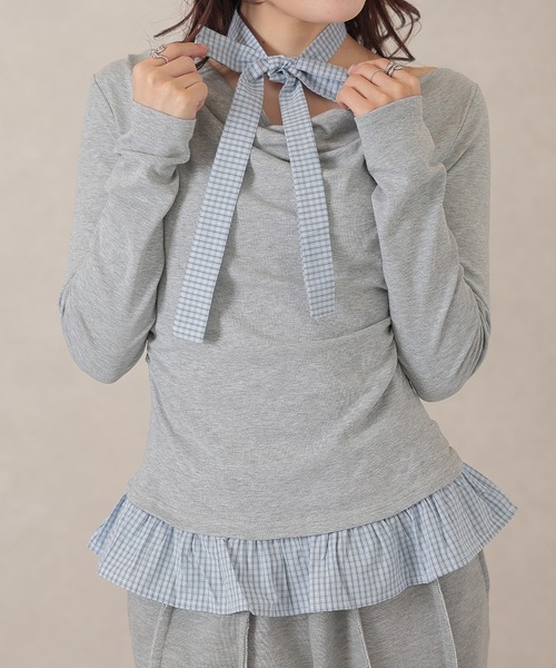 Lace Ladies(レースレディース)の「配色 チェック 裾フリル チョーカーリボン トップス(Tシャツ/カットソー・レディース・アイボリー/ライトグレー/ダークグレー/ネイビー・FREE)」の18枚目の写真