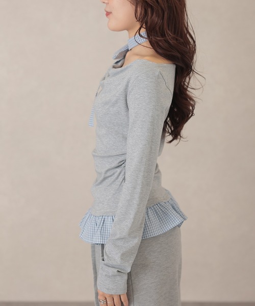Lace Ladies(レースレディース)の「配色 チェック 裾フリル チョーカーリボン トップス(Tシャツ/カットソー・レディース・アイボリー/ライトグレー/ダークグレー/ネイビー・FREE)」の20枚目の写真