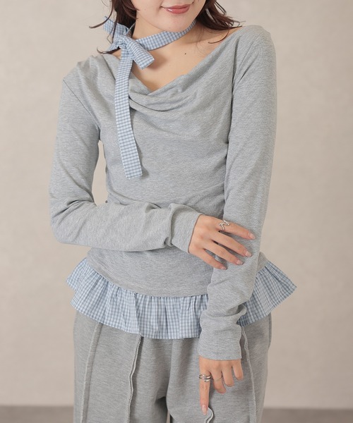 Lace Ladies(レースレディース)の「配色 チェック 裾フリル チョーカーリボン トップス(Tシャツ/カットソー・レディース・アイボリー/ライトグレー/ダークグレー/ネイビー・FREE)」の21枚目の写真