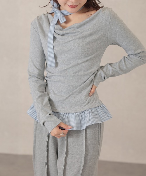 Lace Ladies(レースレディース)の「配色 チェック 裾フリル チョーカーリボン トップス(Tシャツ/カットソー・レディース・アイボリー/ライトグレー/ダークグレー/ネイビー・FREE)」の22枚目の写真