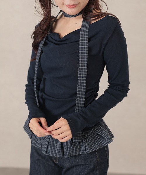 Lace Ladies(レースレディース)の「配色 チェック 裾フリル チョーカーリボン トップス(Tシャツ/カットソー・レディース・アイボリー/ライトグレー/ダークグレー/ネイビー・FREE)」の6枚目の写真