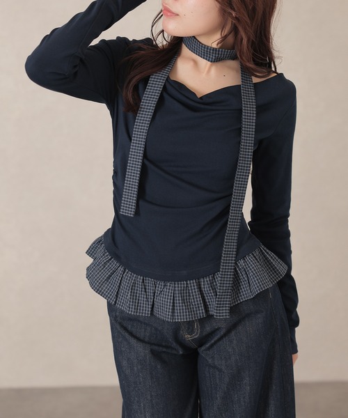 Lace Ladies(レースレディース)の「配色 チェック 裾フリル チョーカーリボン トップス(Tシャツ/カットソー・レディース・アイボリー/ライトグレー/ダークグレー/ネイビー・FREE)」の8枚目の写真