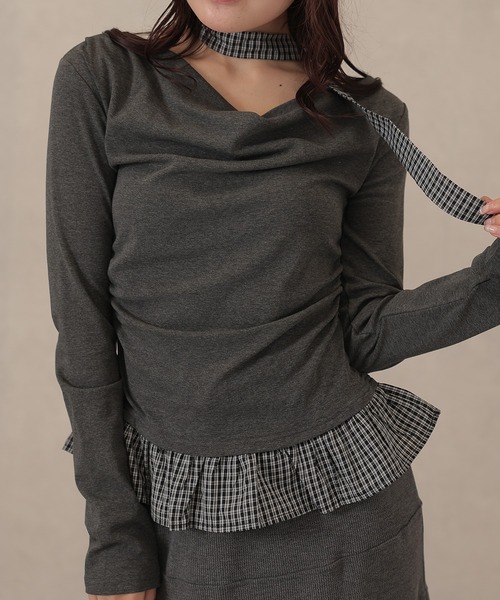 Lace Ladies(レースレディース)の「配色 チェック 裾フリル チョーカーリボン トップス(Tシャツ/カットソー・レディース・アイボリー/ライトグレー/ダークグレー/ネイビー・FREE)」の11枚目の写真