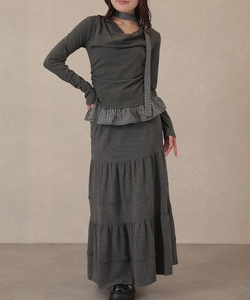 Lace Ladies(レースレディース)の「配色 チェック 裾フリル チョーカーリボン トップス(Tシャツ/カットソー・レディース・アイボリー/ライトグレー/ダークグレー/ネイビー・FREE)」の10枚目の写真
