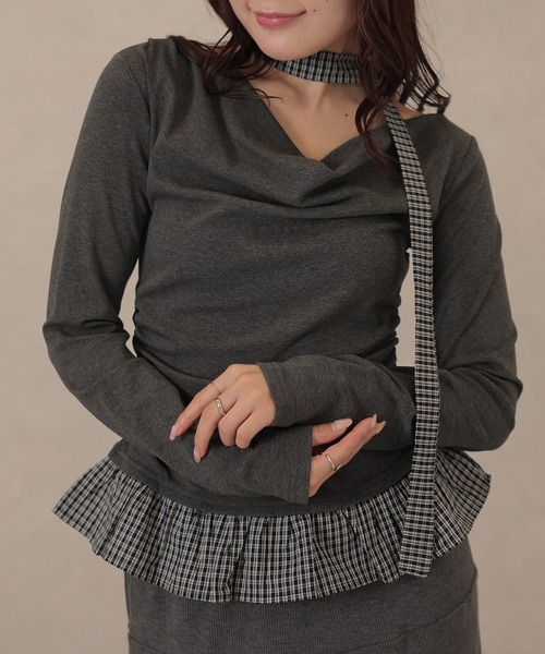 Lace Ladies(レースレディース)の「配色 チェック 裾フリル チョーカーリボン トップス(Tシャツ/カットソー・レディース・アイボリー/ライトグレー/ダークグレー/ネイビー・FREE)」の9枚目の写真