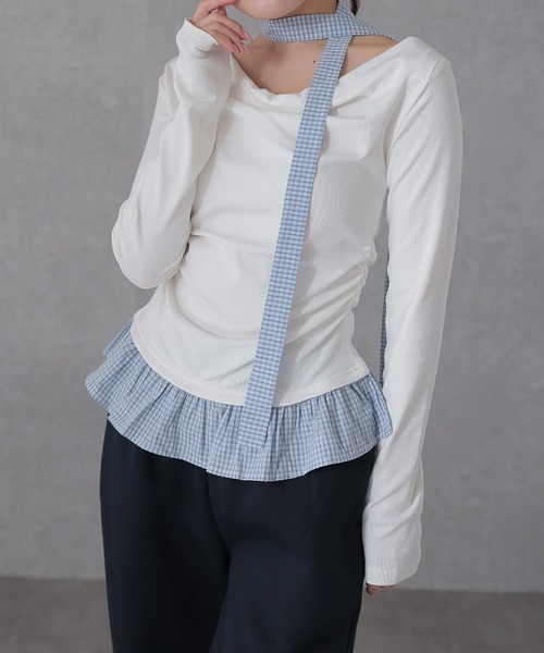Lace Ladies(レースレディース)の「配色 チェック 裾フリル チョーカーリボン トップス(Tシャツ/カットソー・レディース・アイボリー/ライトグレー/ダークグレー/ネイビー・FREE)」の12枚目の写真