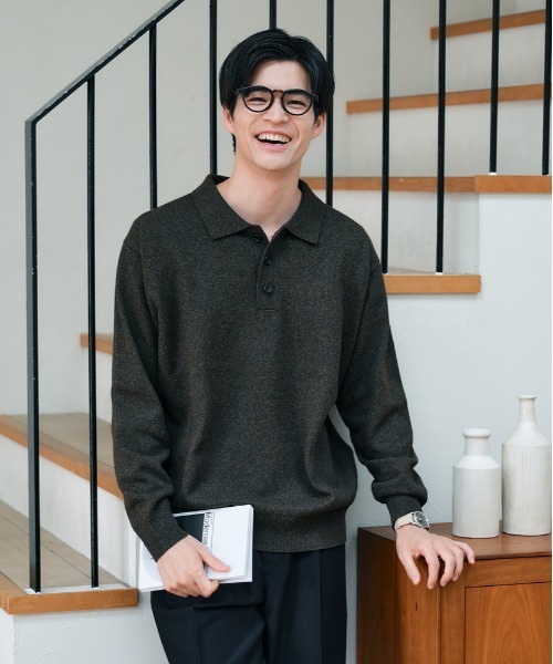 BACK NUMBER(バックナンバー)の「【BACK NUMBER】衿付きポロニットトップス (上品デザイン / ボックスシルエット / 伸縮素材 / オフィスカジュアル)(ニット/セーター・メンズ・ブラック/グレー/ブラウン・L/XL/M)」の4枚目の写真