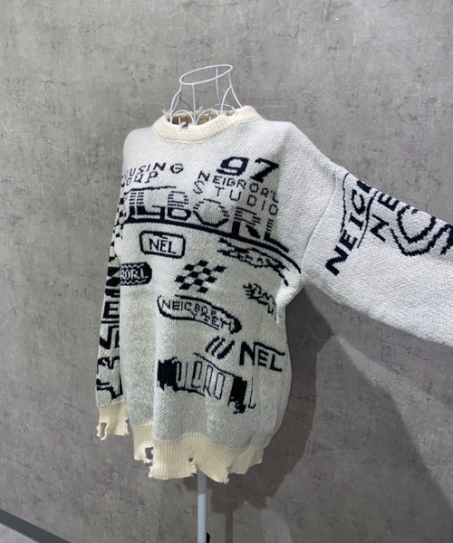 lilful(リルフル)の「レーシングロゴ 裾ダメージニット(ニット/セーター・メンズ・アイボリー/ブラック・M/L)」の10枚目の写真