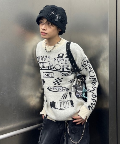lilful(リルフル)の「レーシングロゴ 裾ダメージニット(ニット/セーター・メンズ・アイボリー/ブラック・M/L)」の13枚目の写真