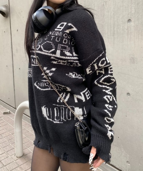 lilful(リルフル)の「レーシングロゴ 裾ダメージニット(ニット/セーター・メンズ・アイボリー/ブラック・M/L)」の14枚目の写真