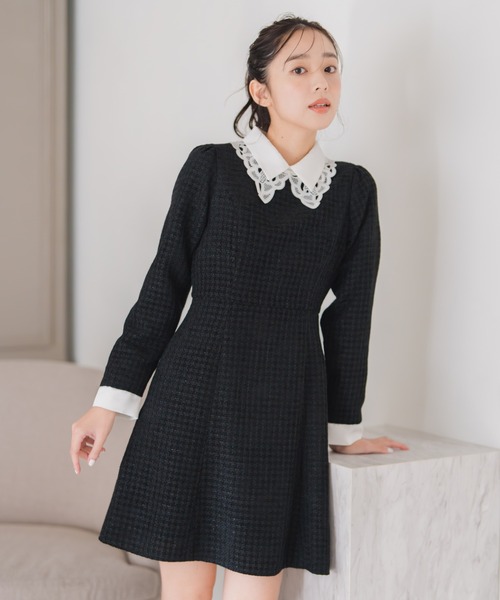 MISCH MASCH レース襟ミニツイードワンピース ブラック セール】2025秋冬新作 レース襟付きツイードミニワンピース