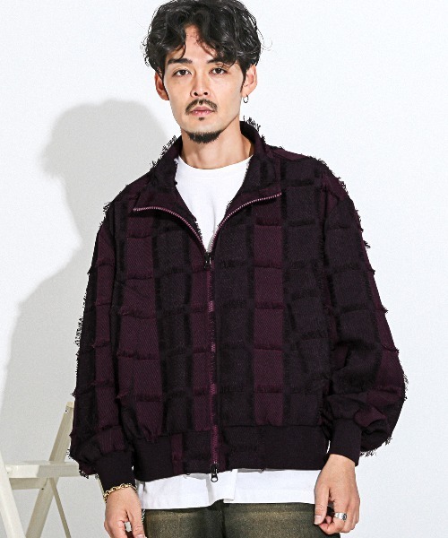 LUXSTYLE(ラグスタイル)の「フリンジチェックスタンドジップブルゾン(ブルゾン・メンズ・ブラック/パープル・L/M)」の5枚目の写真