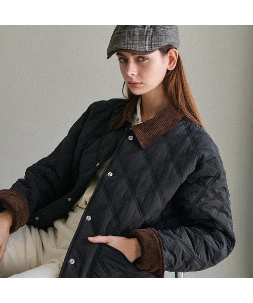 Corduroy collar quilted jacket - Black