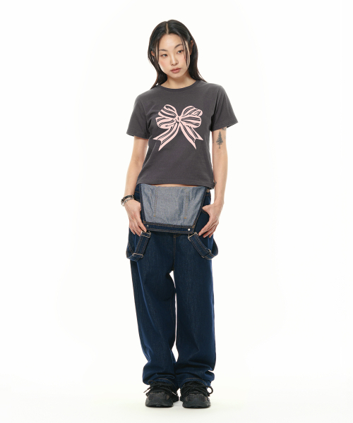 Video Jockey（ビデオジョッキー）の「ストライプリボンTシャツ[チャコール]（Tシャツ/カットソー・レディース・チャコール・FREE）」の3枚目の写真
