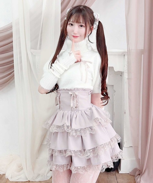 MA*RS(アメーバーマーズ)の「レースアップリボン3段フリルスカパン(スカート・レディース・ブラック/ピンク/ブラック×ホワイト・FREE)」の9枚目の写真