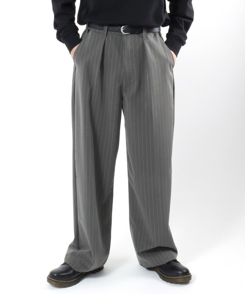 Salong hameu(サロン ハミュー)の「ストライプ・チェック柄 ワンタックワイドパンツ/スラックス/ユニセックス(スラックス・メンズ・ブラック系その他/ブラック系その他2/グレー系その他/ブラウン系その他・M/L)」の2枚目の写真