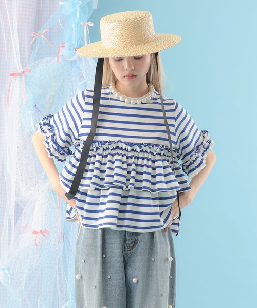 CAROLINA GLASER（カロリナ グレイサー）の「ボーダー フリルカットソー 旅行 主役トップス 映え 大人ガーリー（Tシャツ/カットソー・レディース・ブラック/ブルー・ONE SIZE）」の3枚目の写真