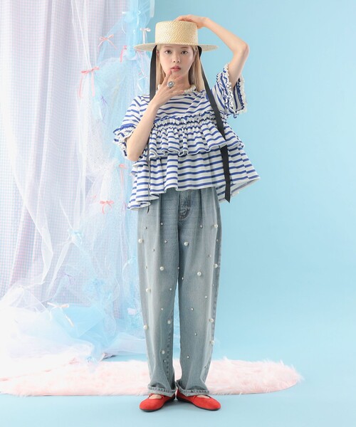 CAROLINA GLASER（カロリナ グレイサー）の「ボーダー フリルカットソー 旅行 主役トップス 映え 大人ガーリー（Tシャツ/カットソー・レディース・ブラック/ブルー・ONE SIZE）」の5枚目の写真