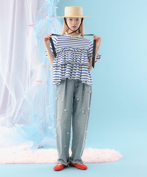 CAROLINA GLASER（カロリナ グレイサー）の「ボーダー フリルカットソー 旅行 主役トップス 映え 大人ガーリー（Tシャツ/カットソー・レディース・ブラック/ブルー・ONE SIZE）」の6枚目の写真