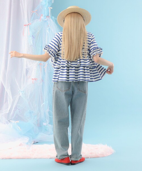 CAROLINA GLASER（カロリナ グレイサー）の「ボーダー フリルカットソー 旅行 主役トップス 映え 大人ガーリー（Tシャツ/カットソー・レディース・ブラック/ブルー・ONE SIZE）」の8枚目の写真