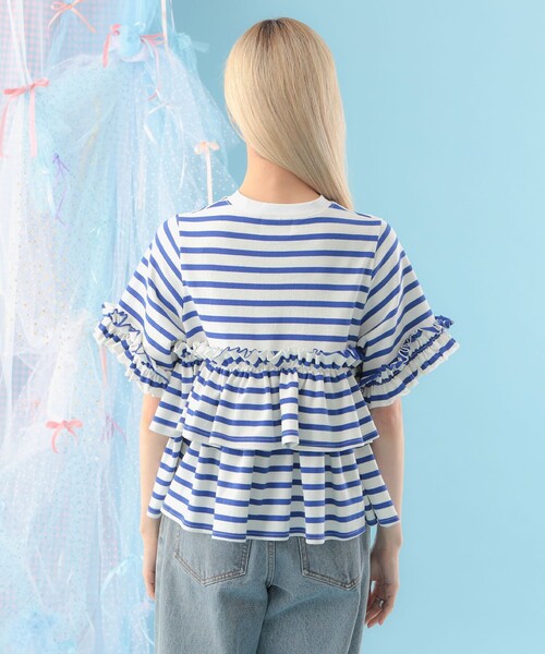 CAROLINA GLASER（カロリナ グレイサー）の「ボーダー フリルカットソー 旅行 主役トップス 映え 大人ガーリー（Tシャツ/カットソー・レディース・ブラック/ブルー・ONE SIZE）」の16枚目の写真