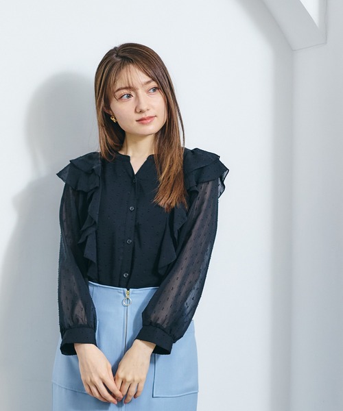 12Twelve Agenda(トゥエルブ アジェンダ)の「シアーフリルシャツブラウス(シャツ/ブラウス・レディース・ブラック/サックスブルー/オフホワイト・M)」の2枚目の写真