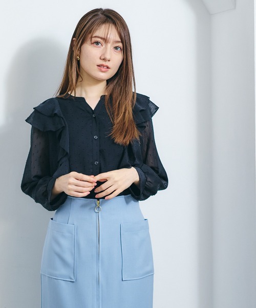 12Twelve Agenda(トゥエルブ アジェンダ)の「シアーフリルシャツブラウス(シャツ/ブラウス・レディース・ブラック/サックスブルー/オフホワイト・M)」の18枚目の写真